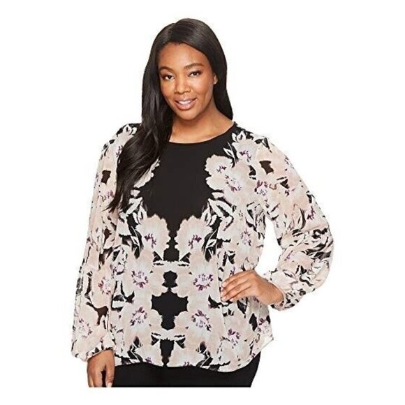 Calvin Klein Sz S Floral Print Chiffon Peasant Top Blouse Black - Picture 1 of 11